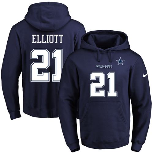 Nike Cowboys #21 Ezekiel Elliott Navy Blue Name & Number Pullover NFL Hoodie